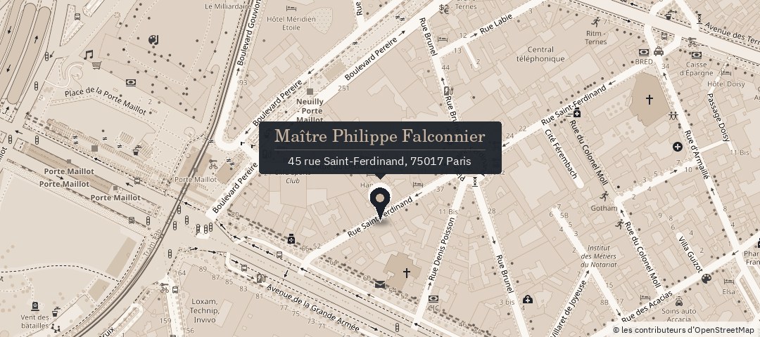 Plan d'accès au cabinet de Maître Philippe Falconnier, 45 rue Saint-Ferdinand, 75017 Paris, près de la porte Maillot